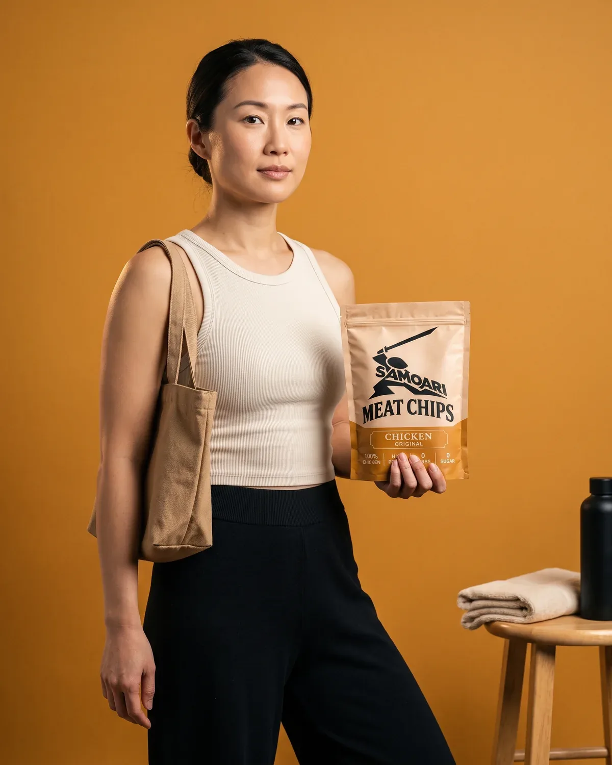 A woman dressed for a Pilates class holding a bag of Samoari Meat Chips, Chicken Original